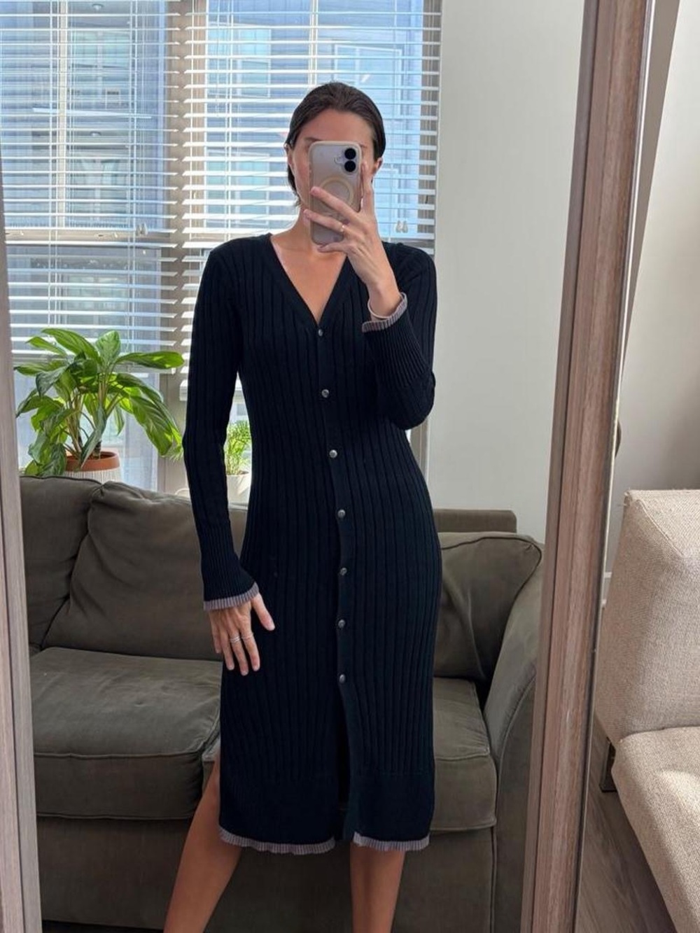 Michael stars black ribbed button down midi dress